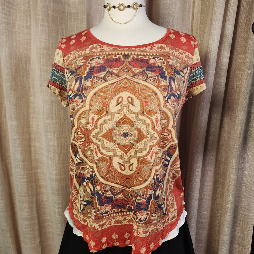 Lucky Brand Women Medium Red Orange Mandala Paisley Viscose Short Sleeve Top